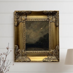 Cuadro al óleo enmarcado sobre lienzo, arte mural de la luna, pintura original hecha a mano, marco dorado, arte mural de paisaje melancólico, noche iluminada por la luna, estilo Dark Academia