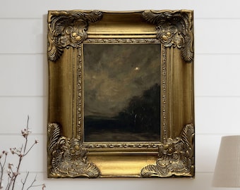 Cuadro al óleo enmarcado sobre lienzo, arte mural de la luna, pintura original hecha a mano, marco dorado, arte mural de paisaje melancólico, noche iluminada por la luna, estilo Dark Academia