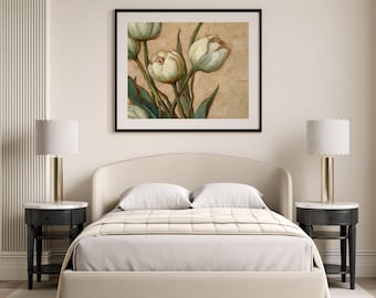 Estampado de tulipanes neutros, tulipanes, pintura al óleo de primavera, decoración floral para el hogar, estilo campestre francés, arte botánico imprimible para pared, flores blancas