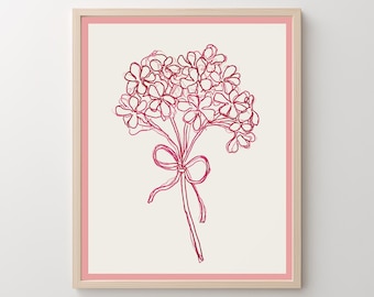 Coquette kunst aan de muur, flirt bloemsierkunst, preppy zomer aquarel, retro pastel strand print, trendy roze strik Home decor, meisjes slaapzaal decor