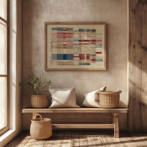 Textured stripe digital print for kitchen — rustic cottage-inspired palette of warm and cool hues