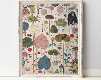 Botanical Collage Printable Wall Art, Hidden Animals Wildflower Leaves, Vintage Naturalist Print, Pressed Flower Decor, Digital Download