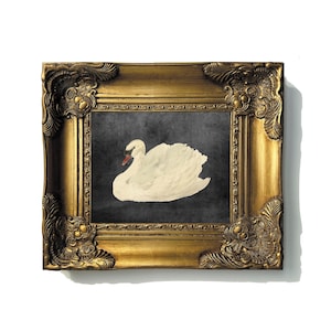 Framed Print, Swan Wall Art, Ornate Gold Picture Frame White Swan Black Swan Giclee Canvas Art Painting Artful Swan Decor Decorative Vintage image 1
