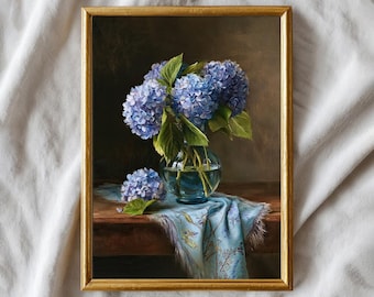Blue Hydrangea Flower Print Dutch Oil Painting Autumn Floral Home Decor French Country Farmhouse Botanical Printable Wall Art White Flowers