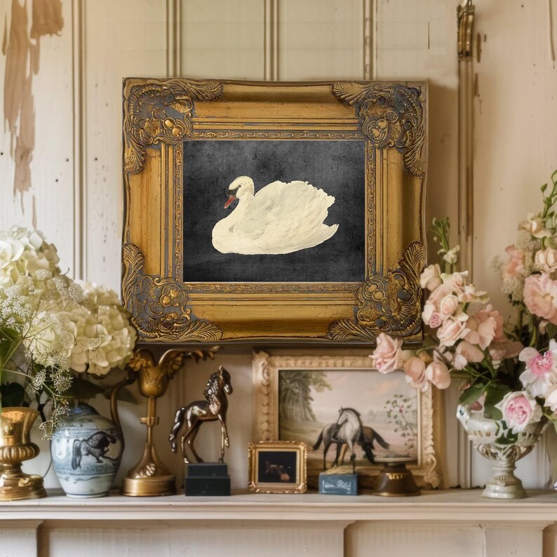 Framed Print, Swan Wall Art, Ornate Gold Picture Frame White Swan Black Swan Giclee Canvas Art Painting Artful Swan Decor Decorative Vintage image 2