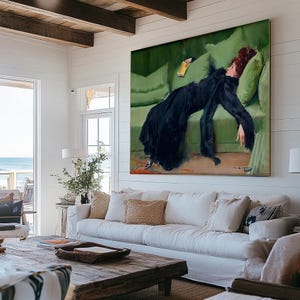 Digital Download 5X7 8x10 10X13 17x22 JPG Print of Painting Antique Portrait Woman on Green Sofa Art Vintage Wall Decor Digital JPGs