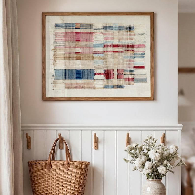 Abstract woven stripe printable art for bedroom — rustic linen-look design in coastal color palette