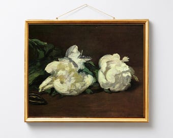 Peony Flower Print, White Peony Oil Painting, Botanical Wall Art Print, Peony Buds, Neutral Floral Print, Home Decor, Digital Download