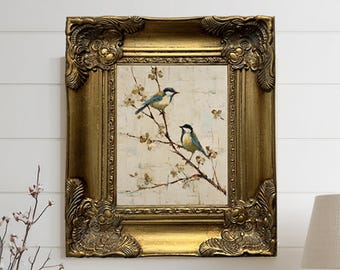 Bird Painting on Canvas, Original Bird Oil Painting, Handmade Bird Art, Gold Leaf Frame, Spring Bird Wall Art, Floral Artwork, Songbirds Art
