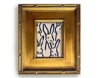 Navy Blue Original Rabbit Oil Painting, Gold Frame Whimsical Bunny Wall Art, Contemporary Handmade Abstract Animal Canvas, Modern Home Decor