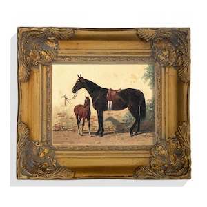 Pferdekunst Druck Gerahmte Kunst Pferde Wand Kunst Giclee Leinwand Druck Reiter Gemälde Goldrahmen Geschenk Stute und Fohlen Mutter und Baby Pferd