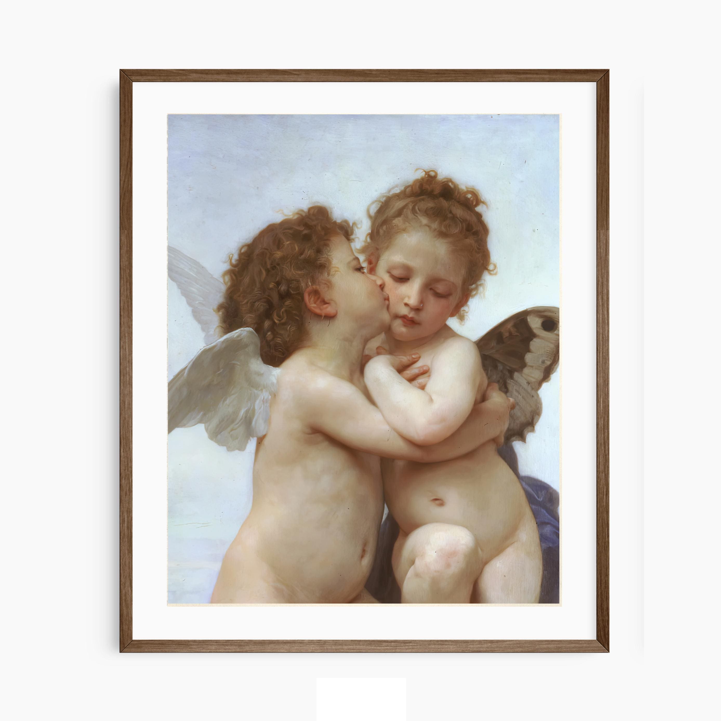 Cherubs Angels Print First Kiss Painting Antique Art Print