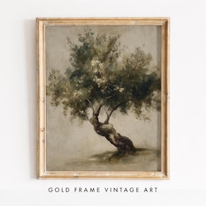 Puede incluir: Una impresión de arte enmarcada que presenta una pintura al óleo de un olivo nudoso con follaje verde oscuro y un tronco texturizado. La obra está sobre un fondo gris neutro y tenue, encerrada en un marco rectangular de tono dorado.