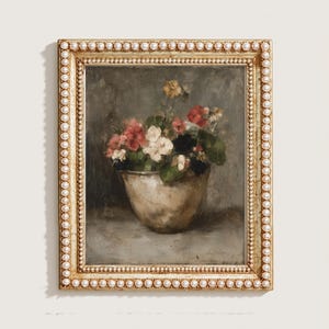Vintage Floral Still Life Painting, Rustic Ceramic Pot with Pink Red Yellow Flowers, Moody Farmhouse Wall Art, Printable Digital Download