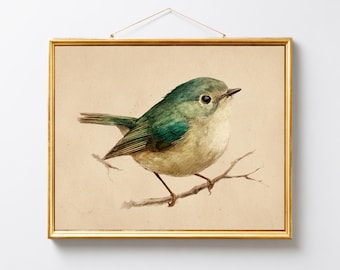 Vintage Bird Print, Watercolor Painting, Green Wall Art, Retro Songbird Decor, Rustic Botanical Home Decor, Digital Download