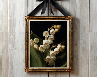 Lily of the Valley Print, Moody Wall Art, Flower Prints, Black Home Decor, Retro Botanical Floral Print, Antique Lily of the Valley Prints
