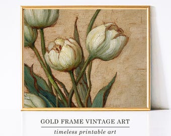 Neutral Tulip Flower Print Tulips Spring Oil Painting Floral Home Decor French Country Farmhouse Botanical Printable Wall Art White Flowers