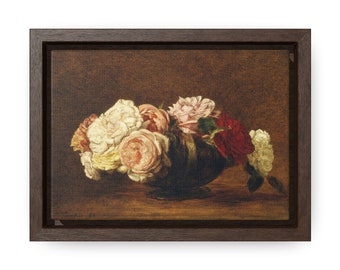 5 x 7 toiles encadrées roses dans un bol, art floral vintage, peinture à l'huile ancienne, impression sous cadre en bois