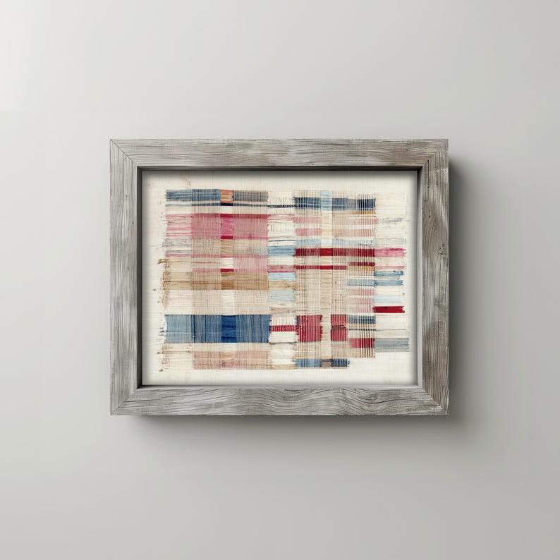 Grid pattern fabric artwork picture for living room — aged textile with cream, navy, and coral tones