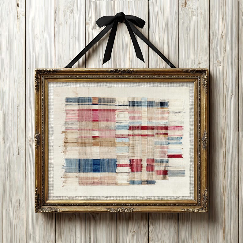 Vintage weaving artwork print for dining room — layered stripe pattern in relaxed farmhouse colors