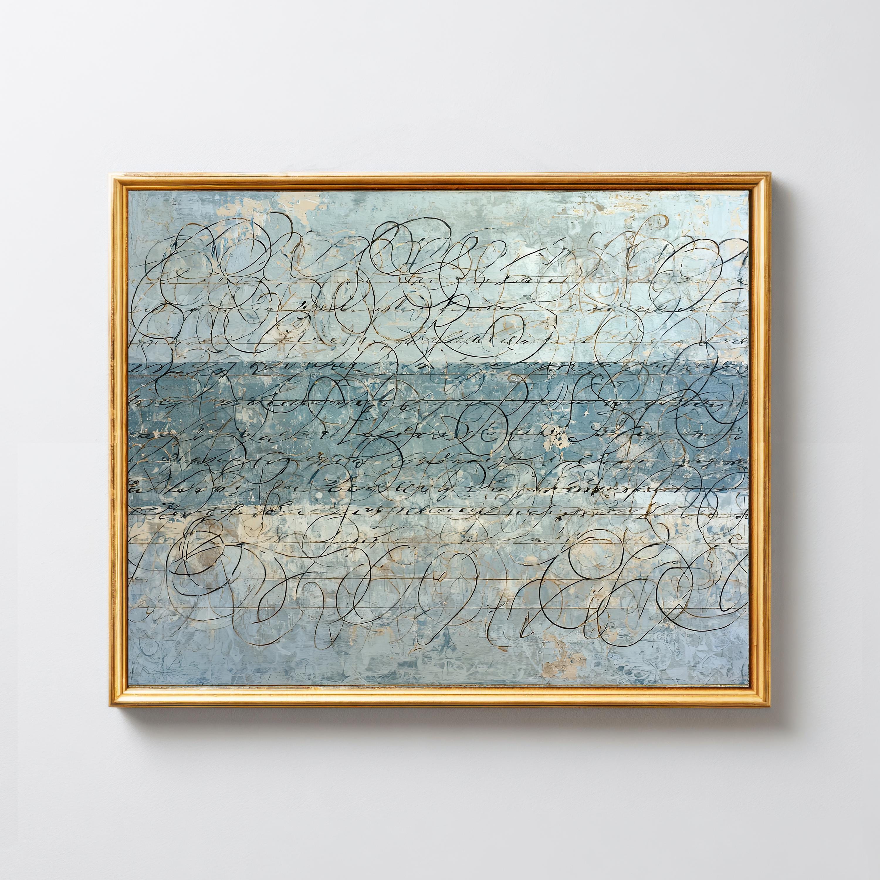 Blue Cursive Calligraphy Abstract Print, Teal Cream Distressed Script ...