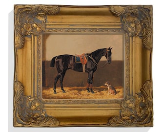 Horse and Dog Print, Vintage Horse Wall Art, Canvas Print, Antique Style Equestrian Wall Decor, Gold Framed Vintage Art, Gold Frame Included