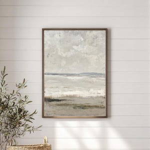 Arte costeira, impressão artística abstrata neutra de paisagem marinha, decoração de parede moderna e minimalista para casa de praia, arte de parede com textura em tons de cinza e bege, paisagem natural.