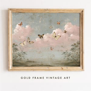 Vintage fjärilstryck, utskrivbar väggkonst med vacker himmel, Cottagecore rosa molnposter, nyckfull digital nedladdning, barnrumsdekor för flickor