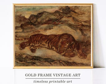 Tiger Print Printable Tiger Wall Art Animal Artwork Antique Tiger Print Rustic Wall Decor Jungle Animal Painting Man Cave Decor Home Decor