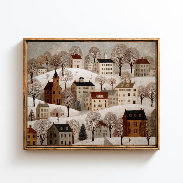 Winter Village Print, Cottagecore Folk Art, Holiday Printable, Cozy Winter in New England Print, Rustic Farmhouse Art, Digital Download