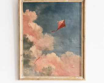 Vintage Kite Flying Through Dreamy Sky - Romantic Pink Blue Clouds, Cottagecore Wall Art, European Painting, Printable Digital Download