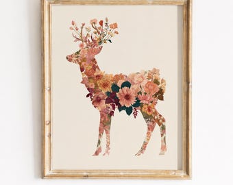 Deer Silhouette Printable Wall Art, Floral Animal Painting, Pink Burgundy Botanical Illustration, Cottagecore Spring Decor, Digital Download