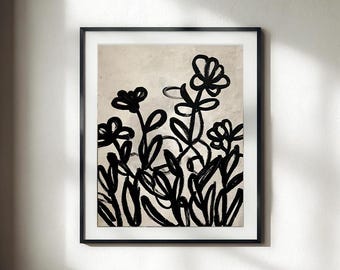 Floral Doodle Printable Wall Art, Black and White Botanical Print, Neutral Abstract Line Art, Gallery Wall Idea, Minimalist Digital Download