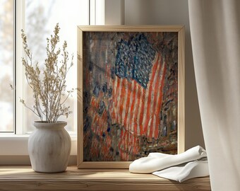 American Flag Wall Art, Oil Painting, Fourth of July Print, Summer Home Decor, Patriotic Printable, Red White and Blue, Vintage USA, Digital