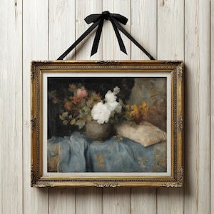 Vintage Floral Still Life Painting, Patchwork Quilt Wall Art, Rustic Moody Flowers, Ceramic Vase, Digital Print Download, Cottagecore Decor