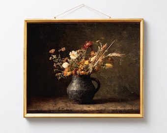 Rustic Dark Floral Still Life Painting, Moody Autumn Cottage Decor, Fall Wildflowers Print, Vintage Still Life Wall Art, Digital Download