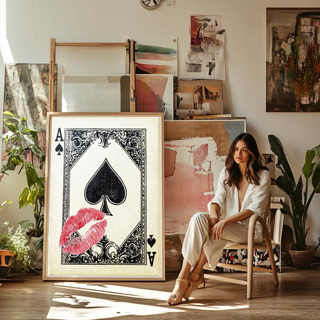 Playing Card Wall Art, Ace of Spades Print, Trendy Retro Kiss Lips