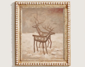 Printable Two Reindeer Optical Illusion Winter Painting, Moody Vintage Christmas Art, Rustic Holiday Wall Decor, Digital Download