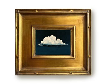 Cloud Oil Painting, Original Art, Navy Blue Sky Wall Art, Ornate Gold Frame, Handmade Moody Cumulus Home Decor, Unique Gift
