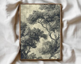 Art mural textile vintage, paysage maussade, dessin esquisse antique, art mural arbres neutres, impression paysage naturel, téléchargement d'art numérique