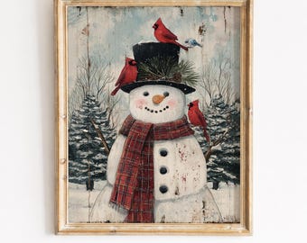 Snowman with Cardinals Winter Scene, Rustic Christmas Wall Art, Vintage Farmhouse Holiday Decor, Digital Print Download