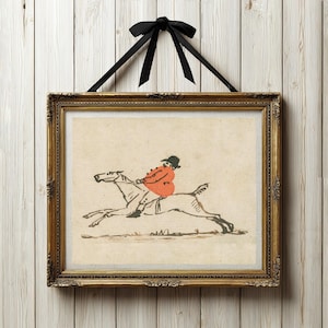 Lámina artística vintage de caballos, ilustración de caza del zorro, arte mural ecuestre inglés, lámina de cazador robusto, boceto antiguo de caballo, impresiones digitales