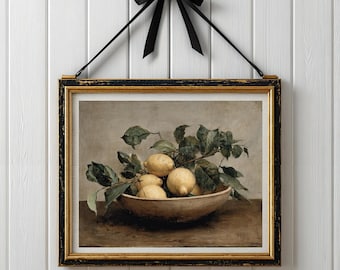 Vintage Lemon Painting, Lemon Wall Art Print, Rustic Kitchen Decor, Antique Style Art, Fruit Wall Art, Citrus Wall Decor, Digital Download