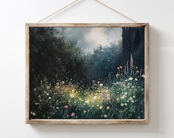 Moody Floral Landscape Wall Art, Wildflowers Print, Dark Floral Home Decor, Country Meadow Flowers, Digital Download