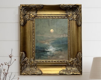 Kunst aan de muur volle maan, kustolieverfschilderij op canvas, origineel schilderij, maan oceaankunst, maanlicht zeegezicht, maanverlichte nacht, goud ingelijste kunst