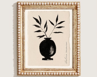 Printable Black Vase Botanical Stems Modern Wall Art, Minimalist Plant Painting, Neutral Contemporary Decor, Digital Download