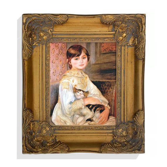 Renoir Cat Painting, Cat Print, Gold Frame, Handmade Wall Art, Giclee Print on Canvas, Antique Style Decor, Vintage Wall Art, Framed Art