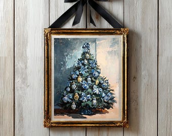 May include: A framed painting of a Christmas tree decorated with blue and white ornaments and bows, and gold accents. The painting is in a gold ornate frame and is suspended by a black ribbon tied in a bow.