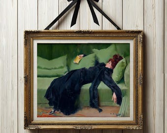Literary Girl Printable Wall Art, Oil Painting, Antique Portrait, Woman on Green Sofa Reading Book, Vintage Home Decor, Digital Download
