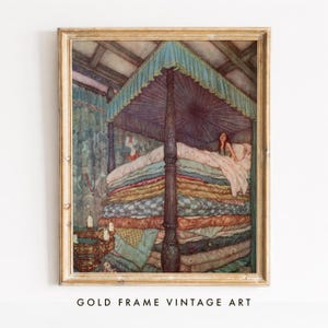 Vintage nyckfull väggkonsttryck, kvinna i sängen, mysig sovrumsaffisch, flickabarnrumstryck, prinsessan och ärten, digital konstnedladdning
